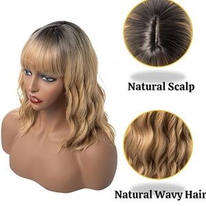 NEW 14” Quality Blonde Black Wavy Bob Wig Bangs Women Shoulder Length Halloween